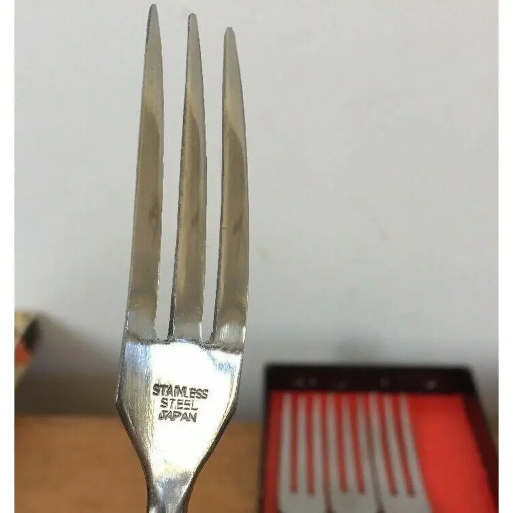 Set 4 Vtg Mid Century Canoe Muffin Japanese Stainless Teak 3 Prong Fondue Forks